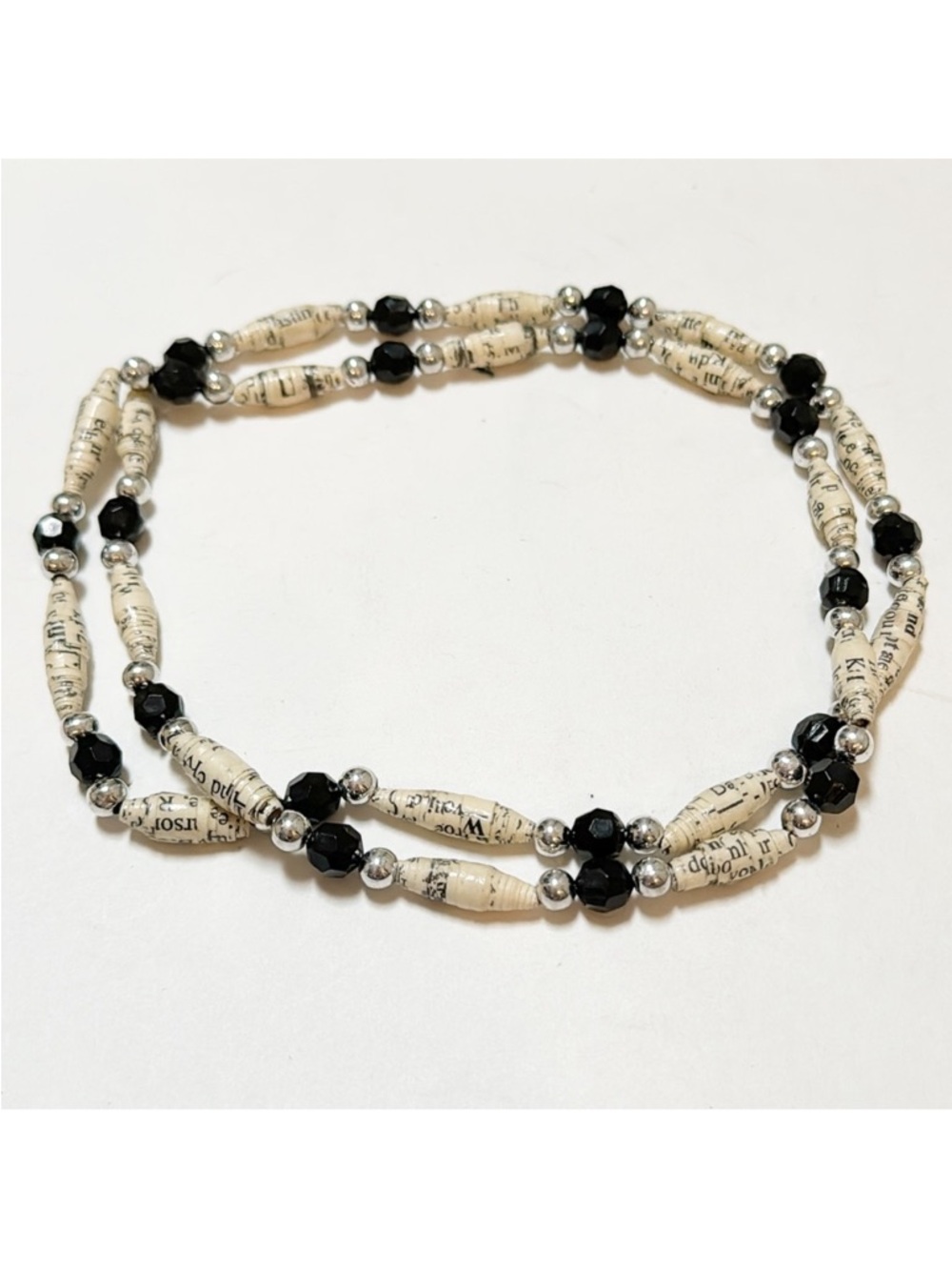 Handmade black silver beaded book page necklace 15”